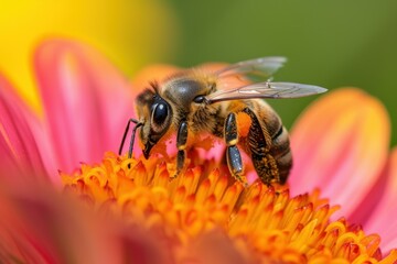 Fototapeta premium Beautiful Bee macro flower. Spring blossom. Generate Ai