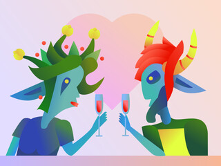 dryad and satyr drinking wine illustration