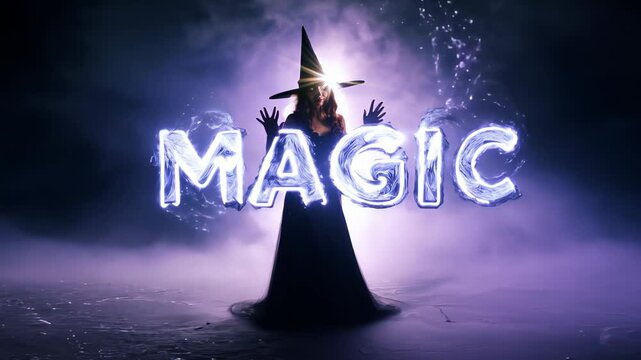 A woman in a black witch hat and dark clothes stands against a background of haze.
Concept: Halloween, costume parties
