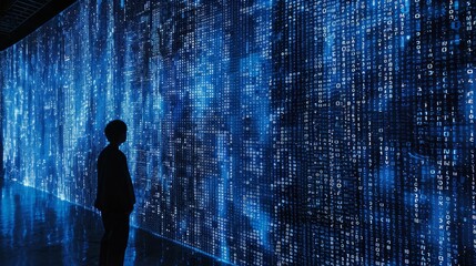 Blue data cascade with blinking pixel   an allegory of information overload and search for meaning