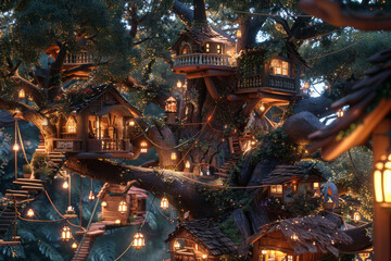 Obraz premium Whimsical Treehouse Village With Children and Animals in Harmony