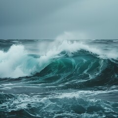 Obraz premium Powerful Ocean Wave in Stormy Weather. Dynamic and Majestic Sea with Turbulent Water and Foamy Crests under Moody Sky 