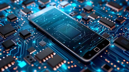 Obraz premium Background with smartphone on circuit board for product presentation