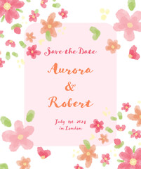 Invitation Card pink orange flowers watercolors