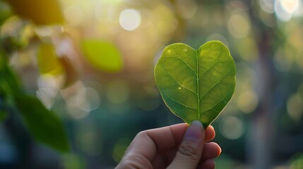 Nature tech blend, leaf heart shielded by hand, green energy and renewables in realistic photo