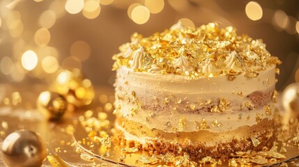 sophisticated champagne-infused cake with edible gold flakes on a muted gold background, ideal for celebratory text