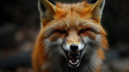 Fototapeta premium Red fox snarling with sharp teeth visible, creating an intense and wild expression, against a dark natural background.