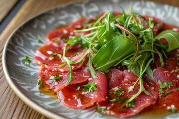 Delicate Beef carpaccio cold. Pepper fine. Generate Ai