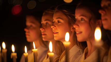 Fototapeta premium Group of girls holding candles, faces illuminated by the warm glow, creating a serene and heartfelt atmosphere in a dark setting.