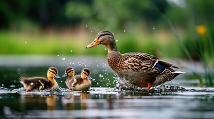 Obraz premium Duck family, farm pond,