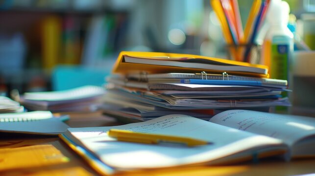 A close-up of a stack of homework assignments on a teacher desk.