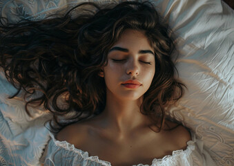 Top-down image of a young woman sleeping peacefully in her bed