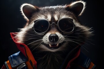 Obraz premium Close up portrait of a raccoon in a superman costume wearing glasses 