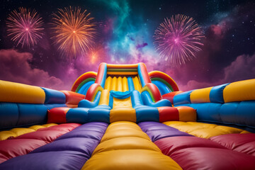 Inflatable Slide with Fireworks Background.