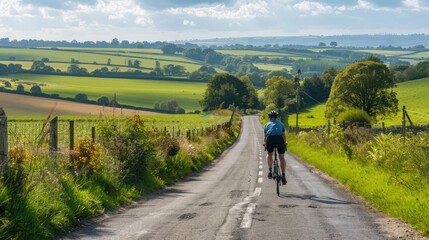 A cyclist riding through a scenic countryside road, surrounded by green fields.