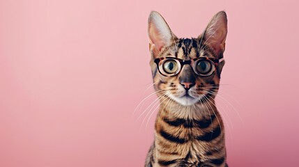 Bengal cat in glasses looks at the camera on a pink background