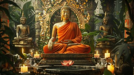 Ancient temple with large buddha in orange robe, holding lotus, amidst greenery and candlelight