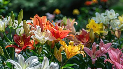 A garden filled with blooming lilies, creating a vibrant display.