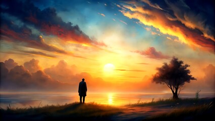 A solitary figure, silhouetted against a setting sun, a poignant reminder of the transient nature of life. Generative AI AI-assisted