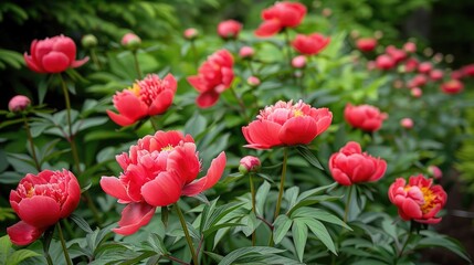 A garden of blooming peonies, with lush green leaves.