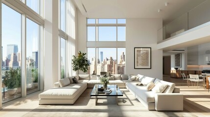 Bright living room with a large sectional sofa, a glass coffee table, and floor-to-ceiling windows.