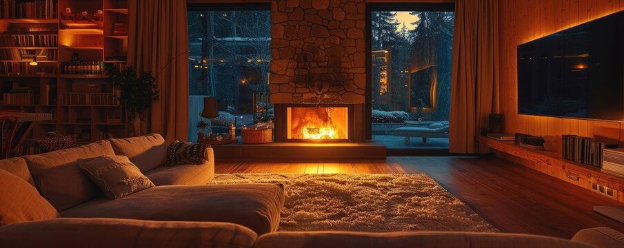 Crackling fireplace in a cozy living room, highlighting the soothing sound and rhythm of fire