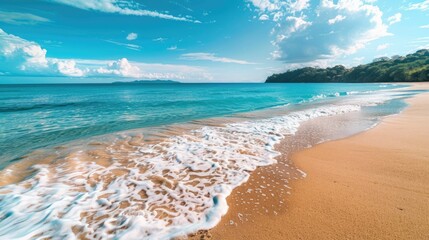 Calm sea beach with gentle waves and a bright blue sky