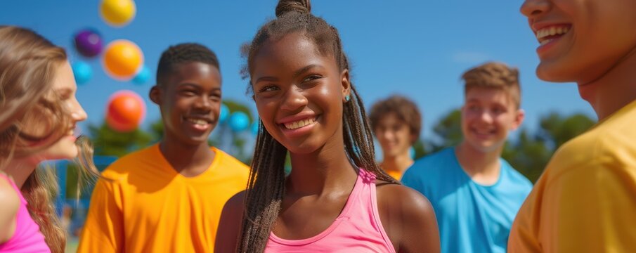 Happy Teenagers Playing Outdoors Joyful Moments Captured in This Vibrant Image of Friends Engaged in a Fun Game on a Sunny Day, Laughter and Smiles Radiating Their Positive Energy
