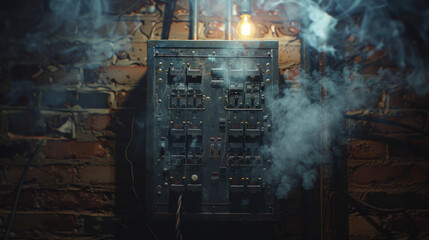 Old Electrical Panel Sparking and Emitting Smoke in Dim Basement.