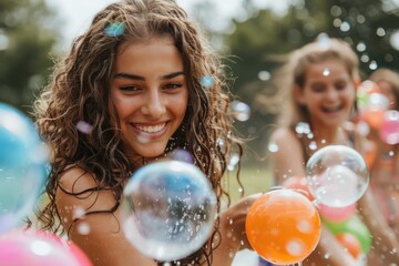 Fototapeta premium Teenagers Enjoying a Fun Outdoor Water Balloon Fight, Laughter, Summer, Friends, Joy, Happiness, Splashing, Water Games, Outdoor Activities, Backyard Fun, Summertime, Water Balloons, Teenage Girls