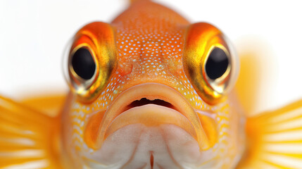 Close-up of an orange fish with big, round eyes and a slightly open mouth, against a white background.