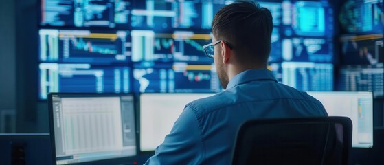 Focused analyst monitors data trends and statistics on multiple screens in a modern office environment.