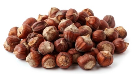 Fototapeta premium A pile of nuts with a white background. The nuts are brown and have a nutty smell
