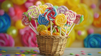 Naklejka premium Lollipop candy bouquet in a gift basket, colorful and bright