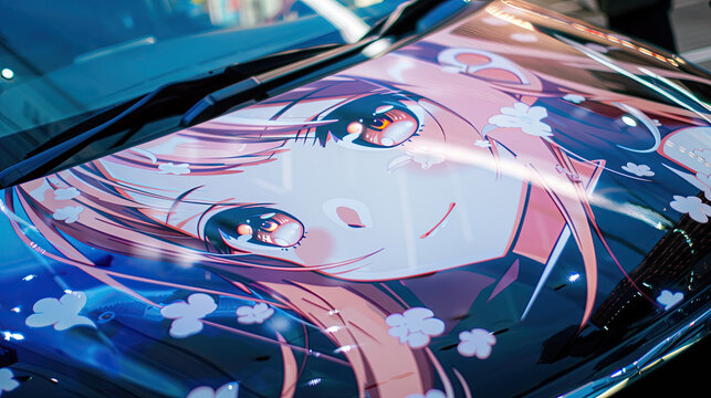 Photo of a itasha car hood wrapped with cute anime girl themed decoration