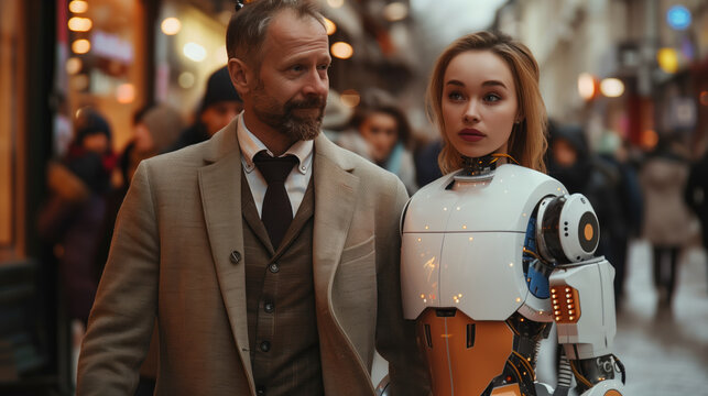 Attractive man in suit and female cyborg girlfriend walk together in city