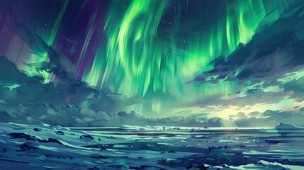 Fototapeta premium Northern lights illuminating a frozen tundra with green and purple hues, creating a stunning view