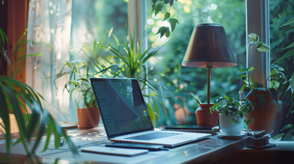 A message board with an inspirational social media lightbox next to a laptop and coffee cup, symbolizing remote work during the COVID-19 quarantine period when businesses are closed.