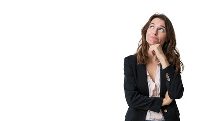 Fototapeta premium Woman thinking while looking up,doubtful and hesitant,isolated on white background,web banner.