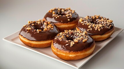 Plate of donuts with chocolate glaze and nuts on a white plate -