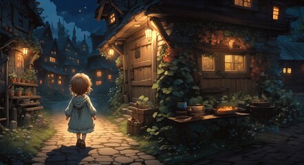 Naklejka premium Girl Walking in Cozy Medieval Town