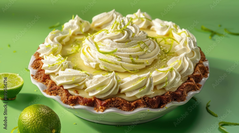 Fototapete tropical key lime pie cake with a creamy topping on a lime green background, refreshing and ideal for lively text