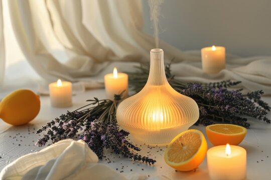 Diffuseur de parfum, lavande, agrumes et bougies allum&eacute;es sur une table