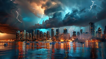 Obraz premium Thunderstorm over city skyline, dark clouds and rain,
