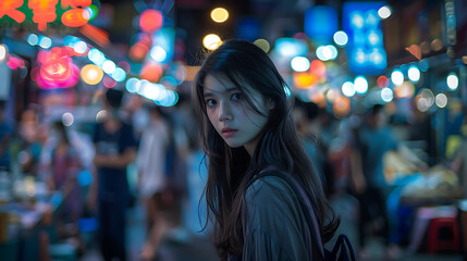 Fototapeta premium Young Woman in Vibrant Night Market with Neon Lights