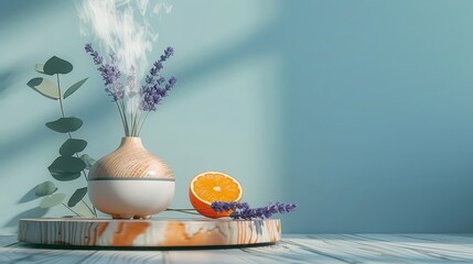 Diffuseur de parfum avec lavande et orange sur une table