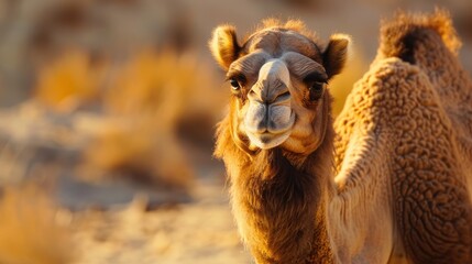 Fototapeta premium A happy camel walking through the desert, its face reflecting contentment and joy.