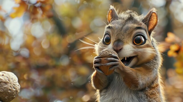 A happy squirrel holding an acorn, its eyes gleaming with joy and satisfaction. - Powered by Adobe