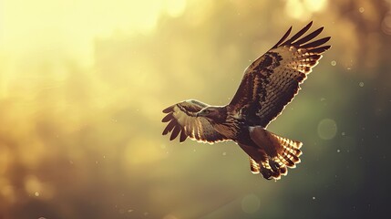 Obraz premium A lonely hawk flying alone in the sky, its wings spread wide with a sense of solitude.