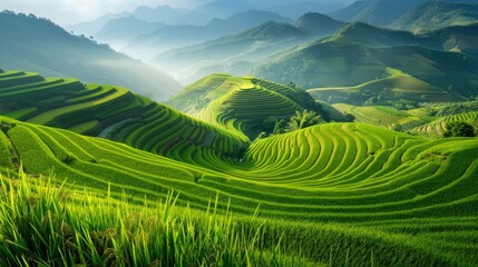Fototapeta premium Mu Cang Chai rice terraces with vibrant green hues and winding pathways